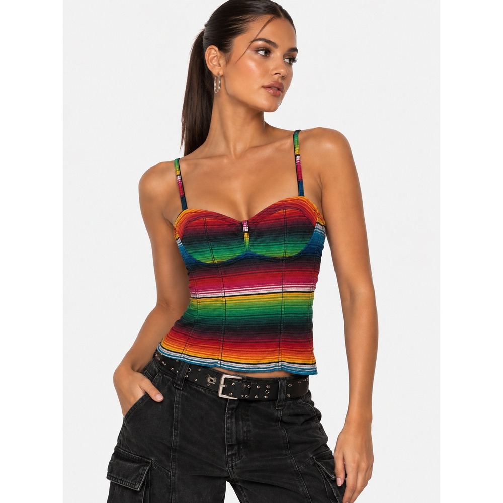 Royal Bones by Daang Rainbow Serape 100% Cotton Striped Bustier Top M